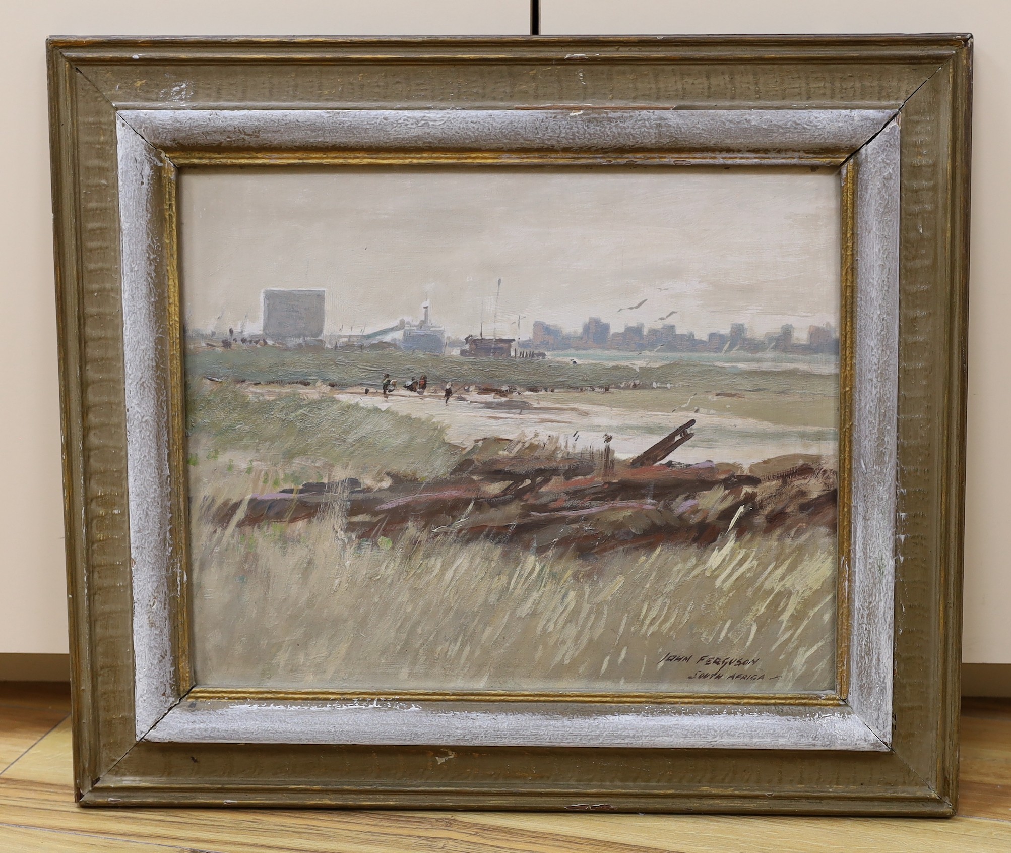 John Ferguson (South African 1885-1967), oil on board, Industrial coastal landscape, signed and inscribed South Africa, 35 x 44cm